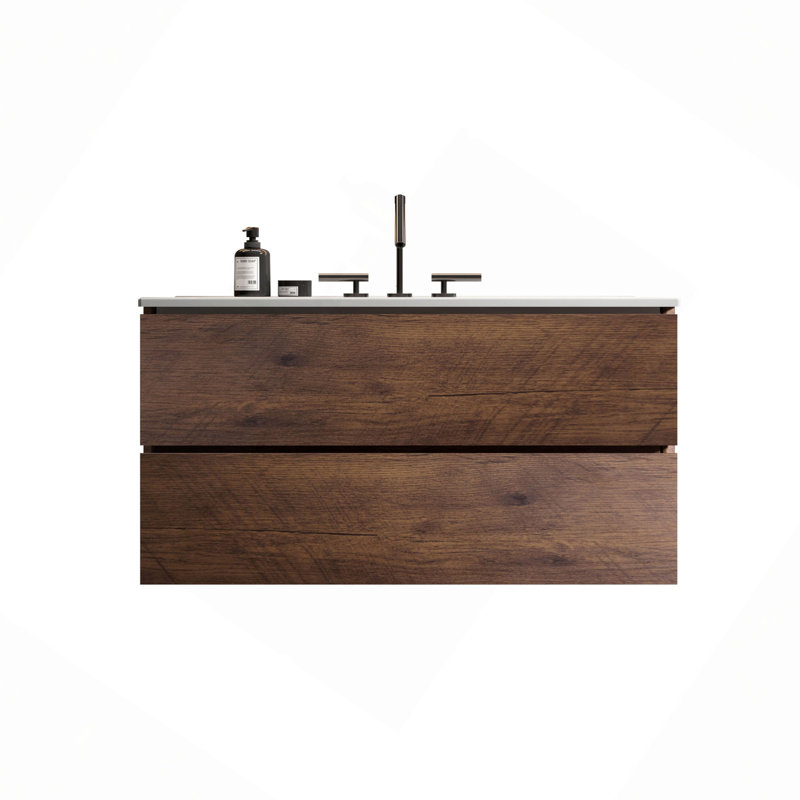 Meuble-lavabo mural de 36 po en noyer avec lavabo en céramique avec trois trous de robinet, grand meuble-lavabo flottant de rangement pour salle de bain moderne, pré-assemblé