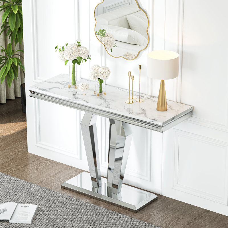 46.8" Console Table With Faux Marble Top & Stainless Steel Frame, White/Silver