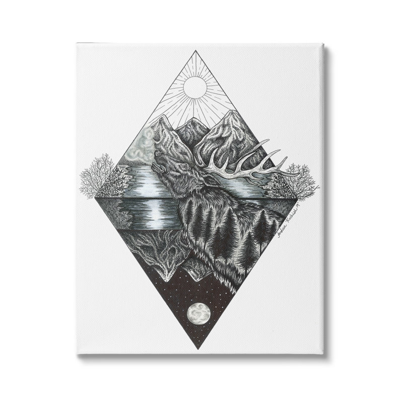 Portrait géométrique d'un élan de la forêt, jour et nuit, réflexion abstraite par Andrea Kochish - impression, Toile tendue