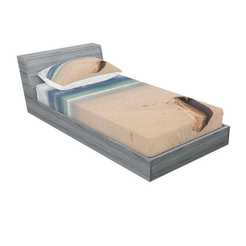 Drap-housse à motif bois flottant sur la plage de sable et ciel nuageux, Ensemble de draps pour lit simple avec 1 taie d'or