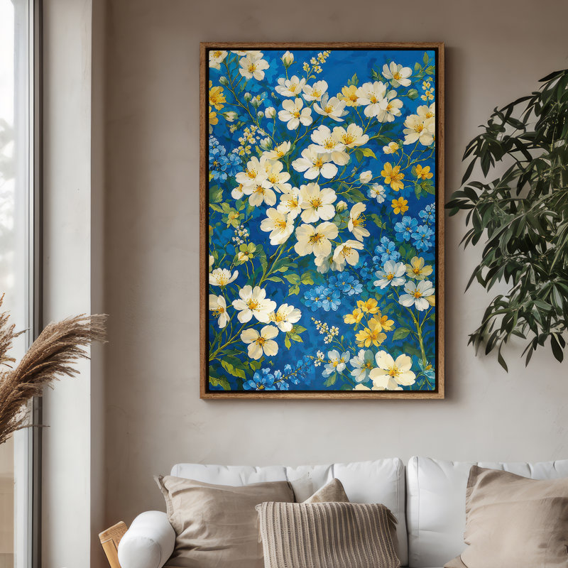 Art mural encadré - Fleurs blanches et jaunes vives sur fond botanique bleu - 16 po x 24 po, 24 po x 36 po, 36" H x 24" W