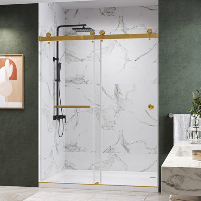 CatalystFP 62"-66"W x 76"H Double Sliding Frameless Shower Door in Brushed Gold with 3/8" Clear Glass