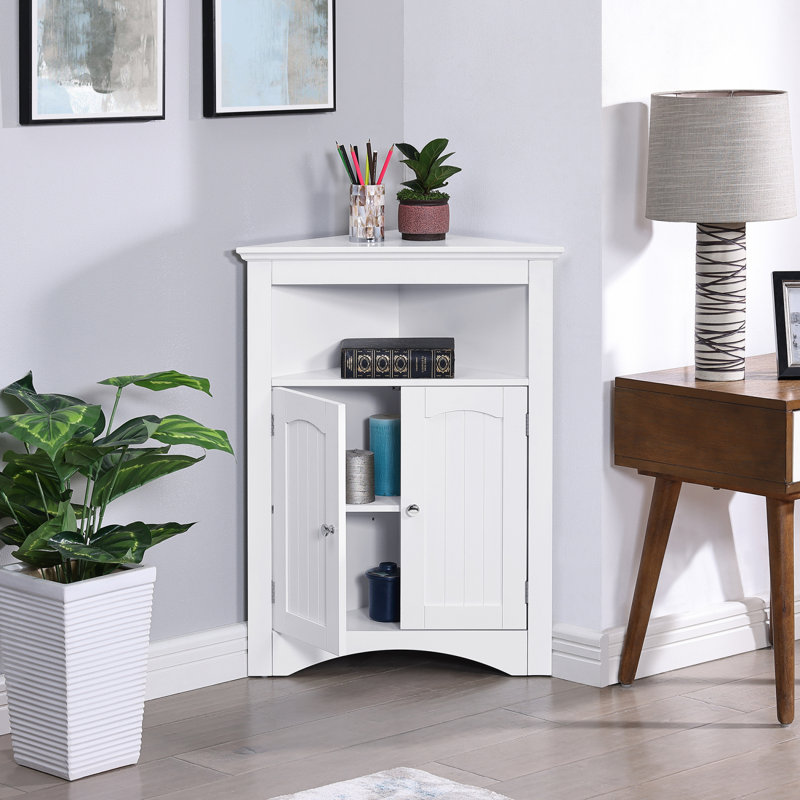 Armoire d'angle avec portes et tablettes pour salle de bain ou salon, Blanc