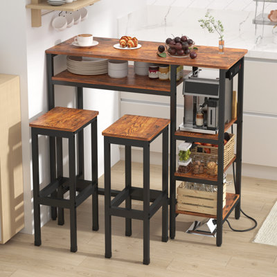 Ensemble de table de bar à hauteur de comptoir avec prises de courant et 2 tabourets