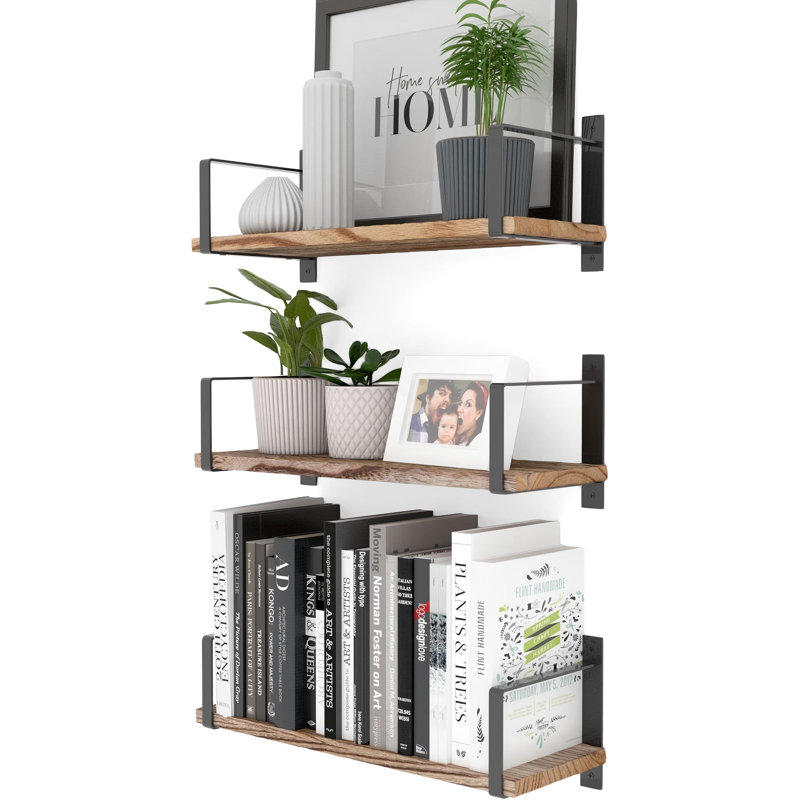 Floating Shelves For Living Room Decor, Floating Bookshelf Set Of 3, Burned Finish Rustic Wood Wall Shelves