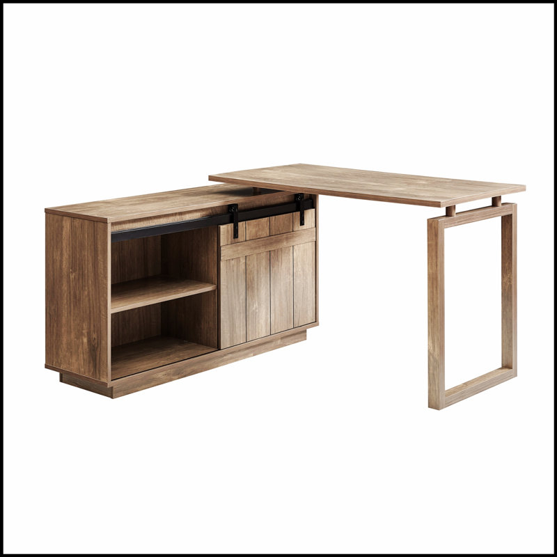 Poste de travail en L avec crédence de rangement, porte de grange coulissante et conception réversible pour bureau à domicile au fini noisette