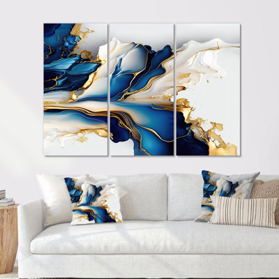 Géode abstraite dorée et bleue forme de marbre III - impression moderne sur toile 3 pièces