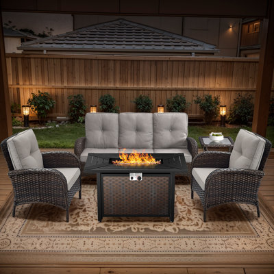 Winston Porter Aluel 5-Pieces Outdoor patio Seating Set Featuring Rectangular Fire Pit Table with Windshield