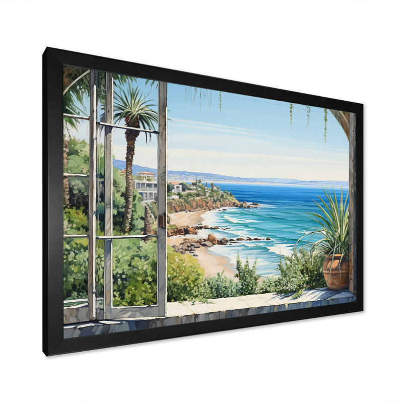 Seaside, vue tropicale I - Fenêtres côtières, art mural, Cadre d'angle fermé noir, H 12 po x l 20 po x P 1 po