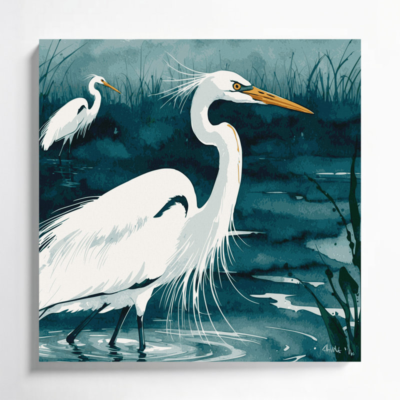 Oiseaux, grande aigrette, art mural sur toile bleue, H 8 po x l 8 po