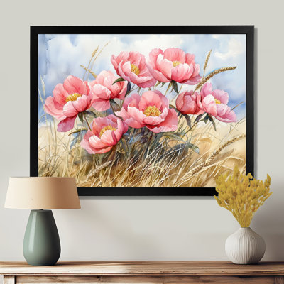Doylene pivoines dans le champ d'herbe de blé III - pivoines, art mural