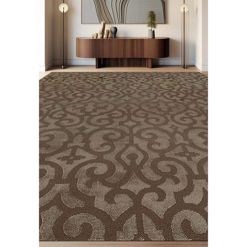 Damask Area Rug in Graphite/Brown, Rectangle 8' x 10'