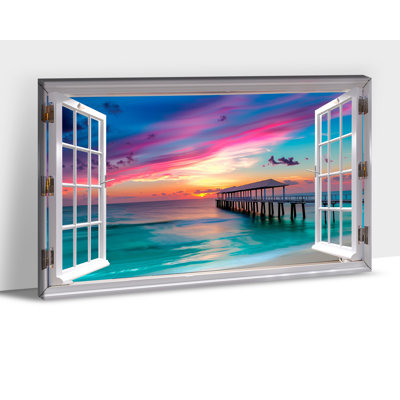 Fake Window Beach Picture Frame Wall Decor, Farmhouse Coastal Wall Art, Bridge On The Sea Poster, Sunset On The Sea Wall Art, Oil Painting Style Beach Wall Art For Bedroom Office 12x18 Inch