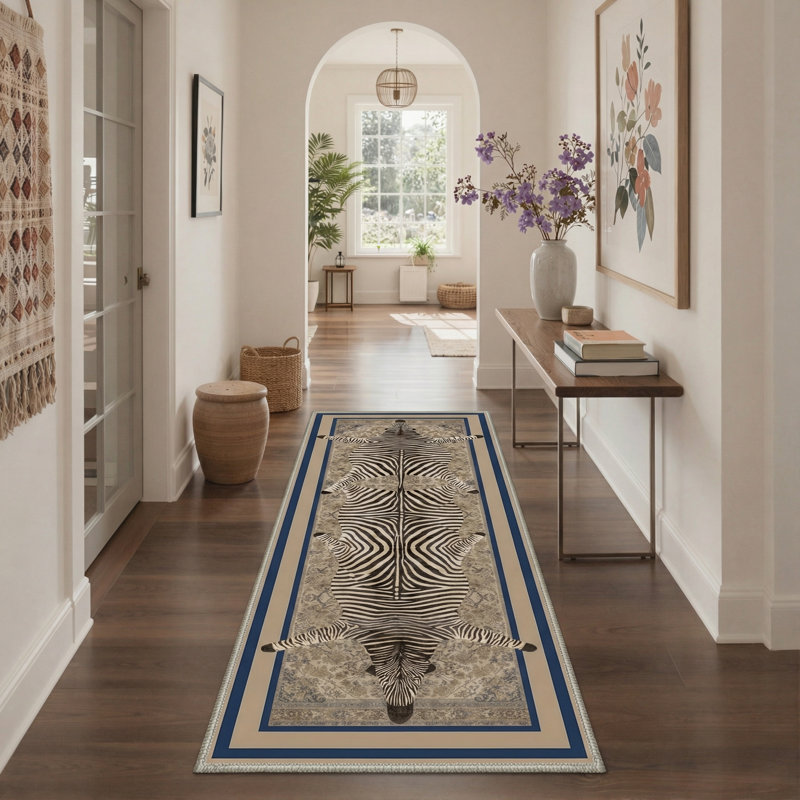 Veatrice Savanna Animal Print Zebra Hide Machine Washable Brown / Beige Indoor Area Rug with Non-Slip Backing, Runner 2' x 7'
