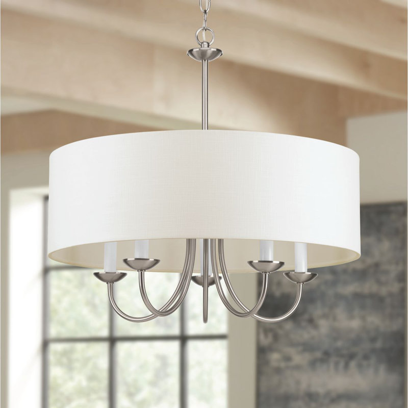 Lustre cylindrique à cinq lumières avec abat-jour, Nickel brossé