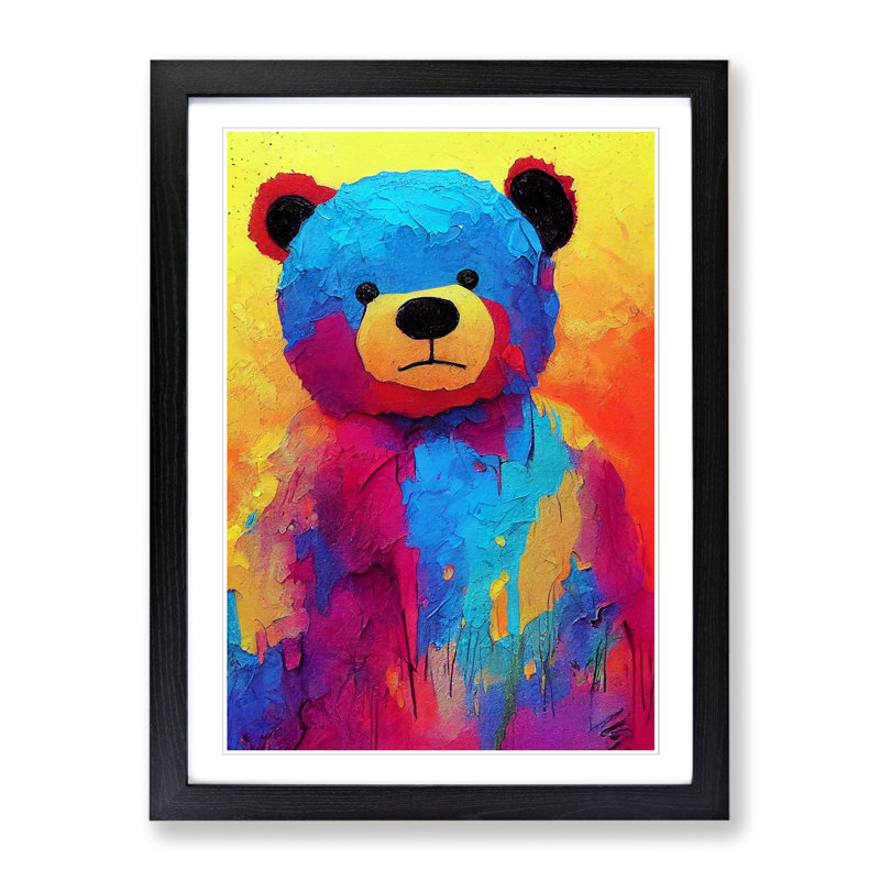 Teddy Bear Crayon Art - Single Picture Frame Print, 46cm H x 34cm W x 2cm D, Oak