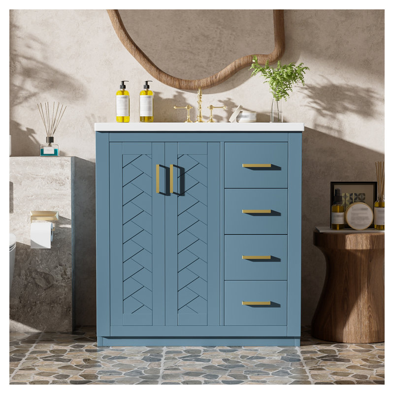 Meuble-lavabo autoportant de 76 cm avec lavabo en céramique, structure en bois massif et MDF, armoire de rangement bleu indigo avec 3 tiroirs et portes à fermeture douce