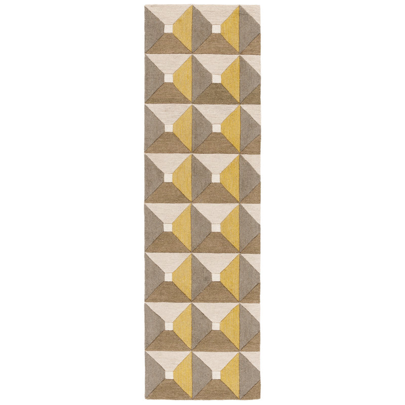 Gilderoy Geometric Hand Tufted Wool/Cotton Area Rug in Gold/Grey, Runner 2'3" x 8'