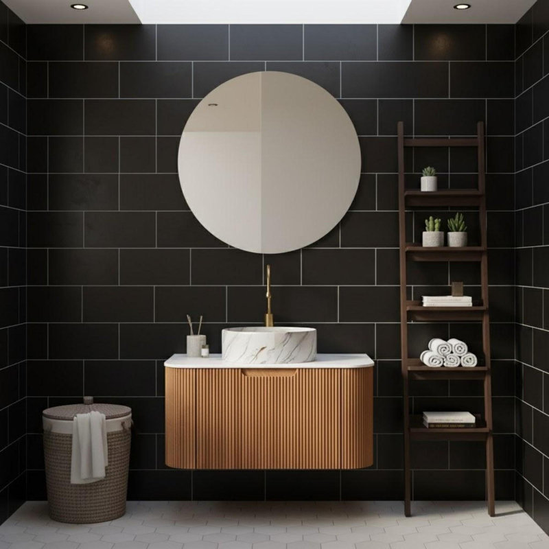 Armoire de salle de bain murale 30 po à bords courbés et rayée avec lavabo rond en céramique blanche à motif de pierre, 30"
