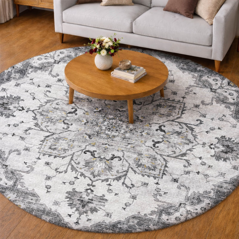 Tapis à poil long de qualité supérieure lavable à la machine ADS93, Brouillard, Rond 8 pi