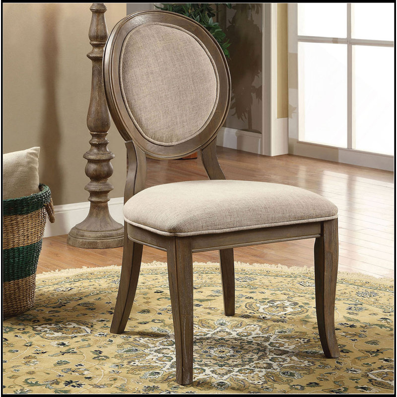 Set Of 2 Padded Beige Fabric Dining Chairs In Rustic Oak Finish