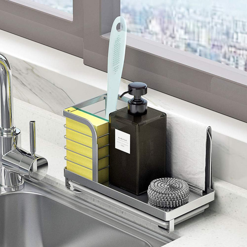 Kitchen Countertop Organizer - Stainless Steel Sponge, Soap & Brush Holder For Sink