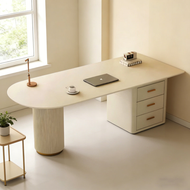Cream Style White Sintered Stone Office Desk, Semi-Circular Design with Drawer Cabinet, 29.53" H x 62.99" W x 31.5' D