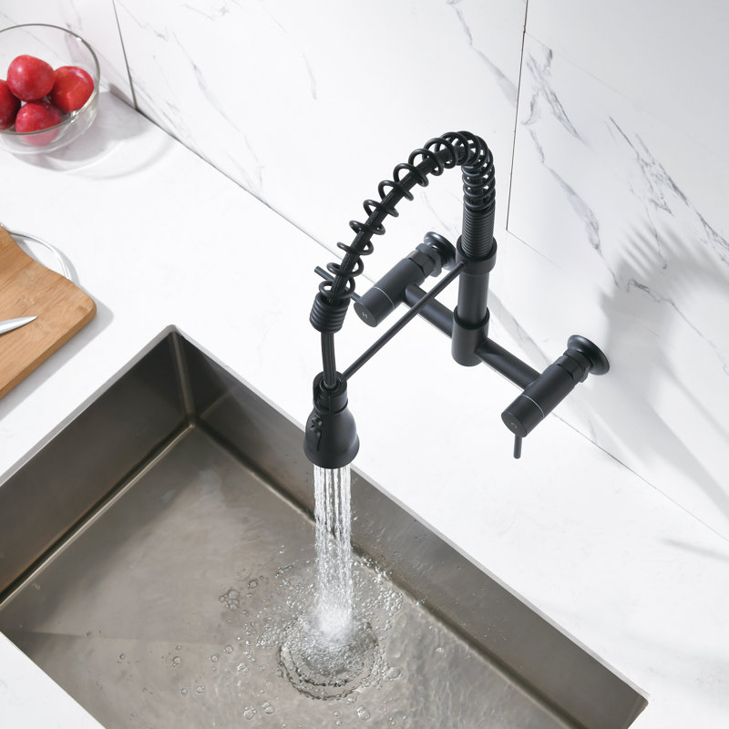 Felixbath Wall Mounted Pull Down Bridge Kitchen Faucet With Double Handles, Matte Black