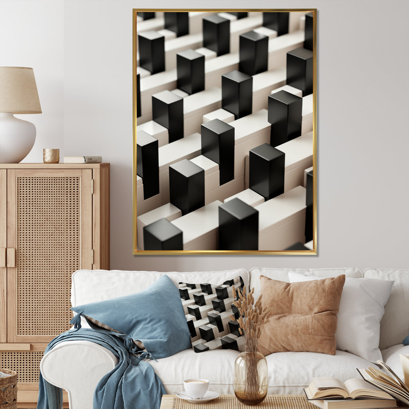 Panneaux de puissance abstraits en noir et blanc III - Art mural, Cadre flottant doré, H 44 po x l 34 po