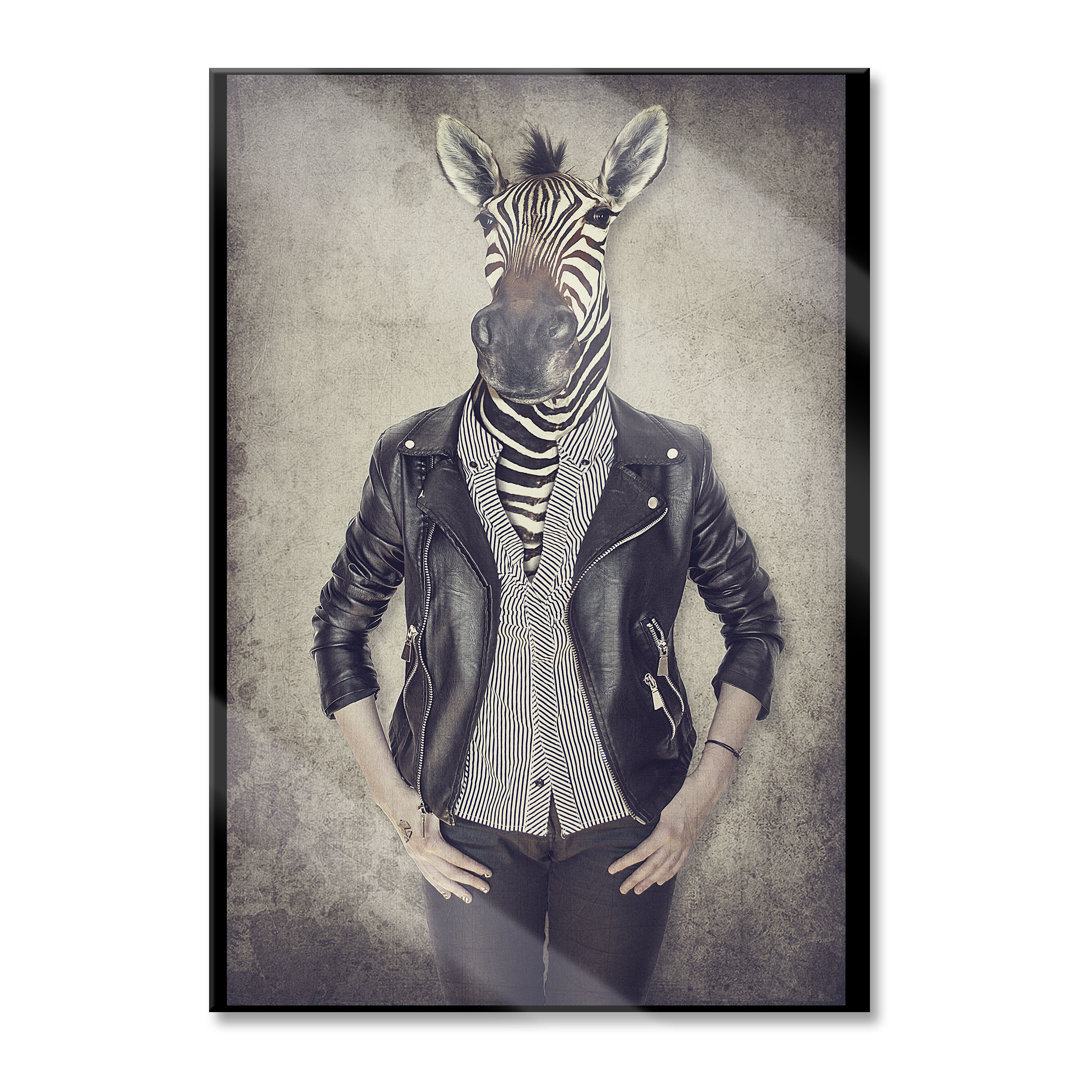 Glasbild Zebrakopf, menschlicher KÃ¶rper mit Lederjacke