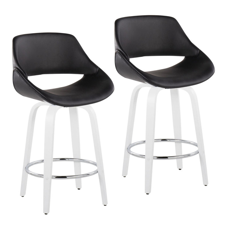 Tabouret de comptoir à hauteur fixe avec pivot en bois blanc et similicuir noir avec repose-pieds rond chromé - 2 pièces