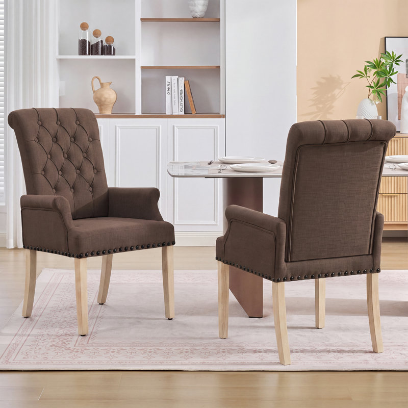 Chaise de salle à manger Amdad capitonnée en tissu avec pieds massifs, Brun, Natural