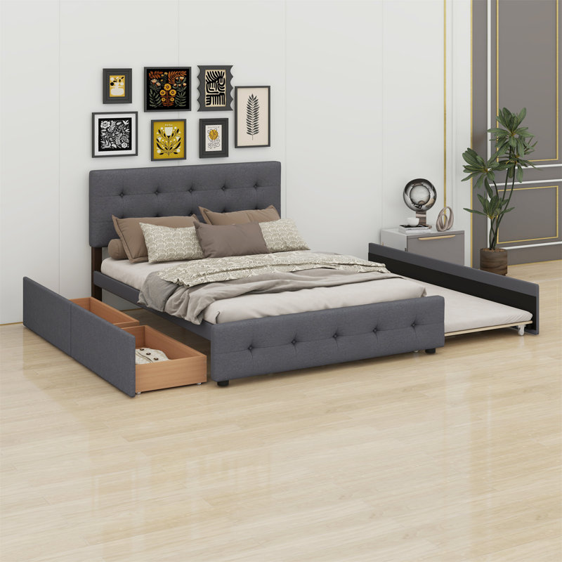 Lit plateforme tapissier avec 2 tiroirs et lit gigogne, Gris foncé