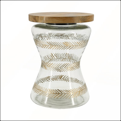 Table d'appoint en verre 11 po x 15 po avec plateau en bois, base peinte à la main, parfaite pour les décors tropicaux modernes et les petits espaces