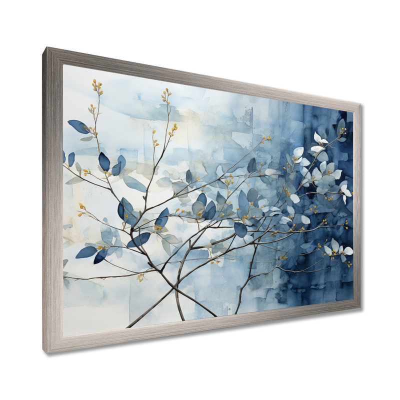 Art mural bleu et gris sur une branche I - Feuilles, Cadre simple argenté, H 16 po x l 32 po x P 1 po