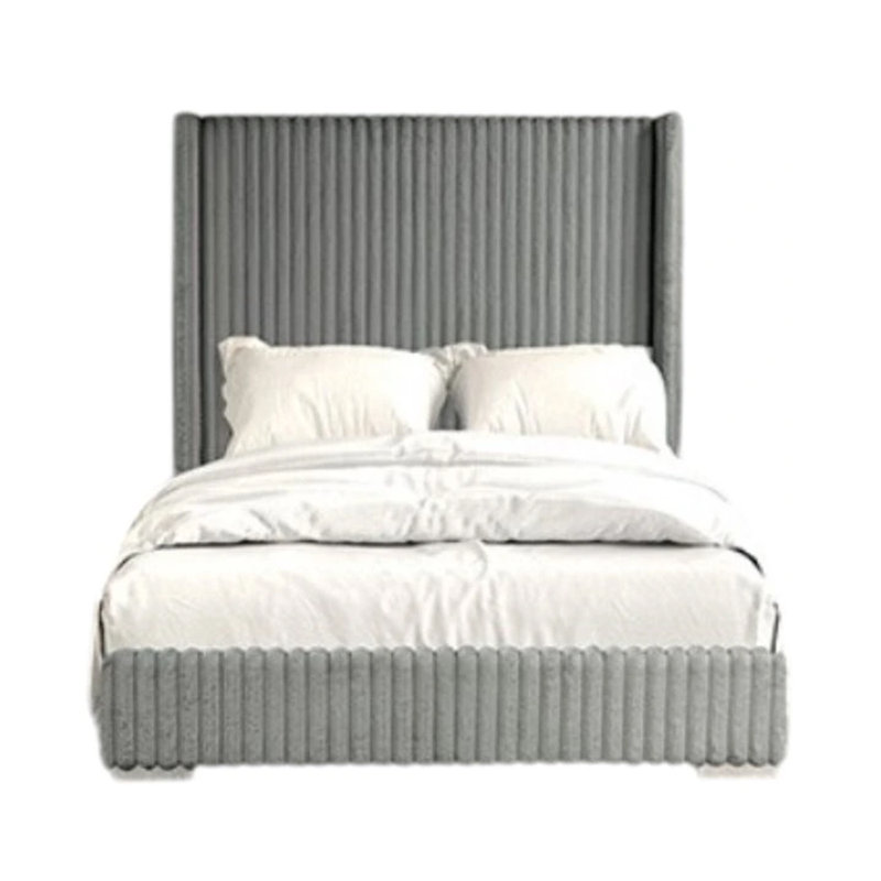 Grand lit Wolo, revêtement en chenille de fourrure grise, tête de lit à oreilles, Gris, Grand
