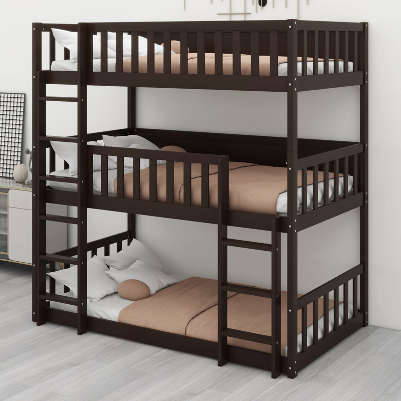 Triple Wood Bunk Bed, With Ladders, Guardrails Detachable Bunk Bed, Espresso