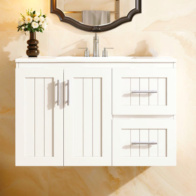 Meuble-lavabo mural de 36 pouces avec armoire de rangement flottante avec 2 tiroirs, lavabo simple en céramique à 3 trous, blanc