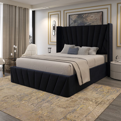 Upholstered High Headboard Storage Bed w/Hydraulic Gas Lift, Wood Slat System & Under Bed Storage