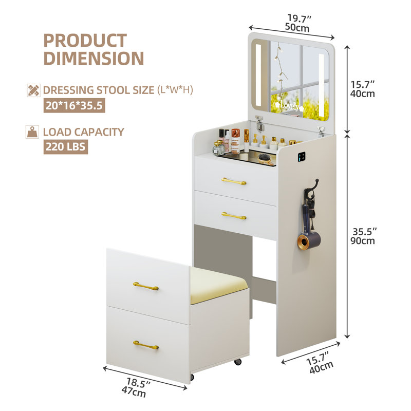 3-in-1 Compact Vanity Desk With Mirror, Storage Drawers & Stool – Small Makeup Vanity Table With Lights For Bedroom Or Dorm