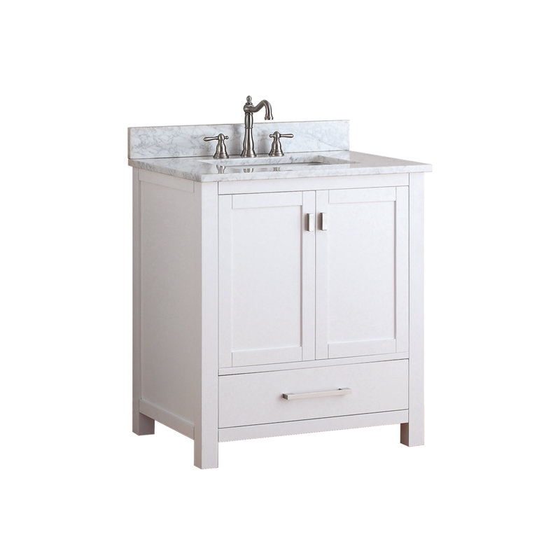 Meuble-lavabo simple 30 po avec plateau Souther, Marbre blanc de Carrare, Blanc, Nickel brossé