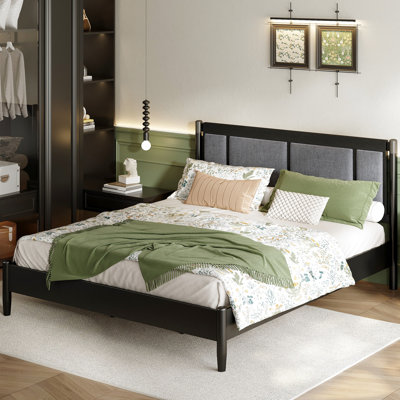 Lit très grand en bois massif avec support robuste, tête de lit noire, panneau gris foncé, 81 po de longueur, 77 po de largeur, lit facile à installer, finition, tête de lit, robuste, capacité de charge de 80,1 po sur 600 lb