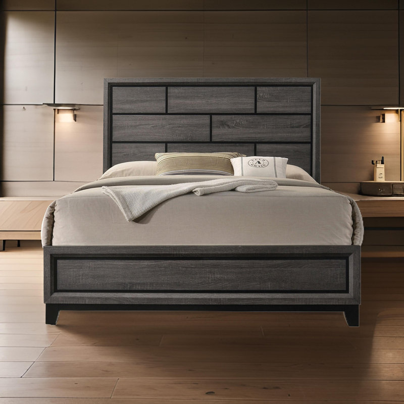 Erica Bed, Wood Finish, Panel Style Headboard, Queen, Gray/Black, Manufactured Wood