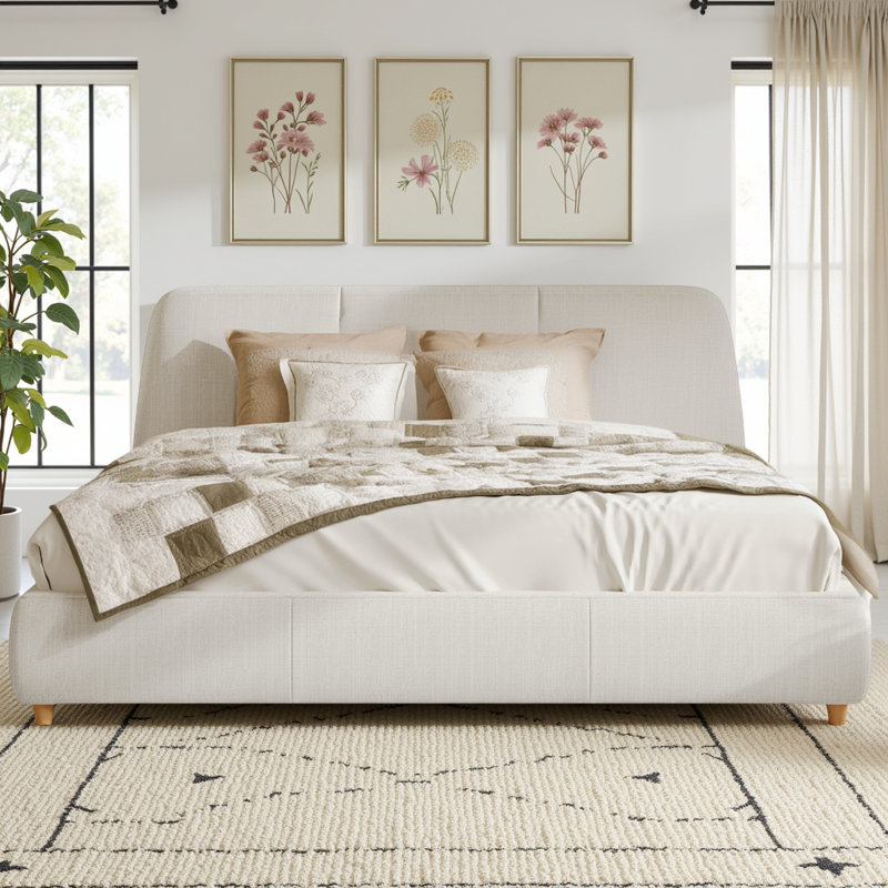 Lit plateforme moderne en tissu de lin avec pieds en bois massif, blanc, sans sommier tapissier, Grand lit