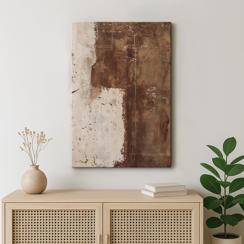 Style Mid-Century brun foncé, formes abstraites neutres, grand cadre rustique, décor minimaliste M20, Toile tendue, No Frame