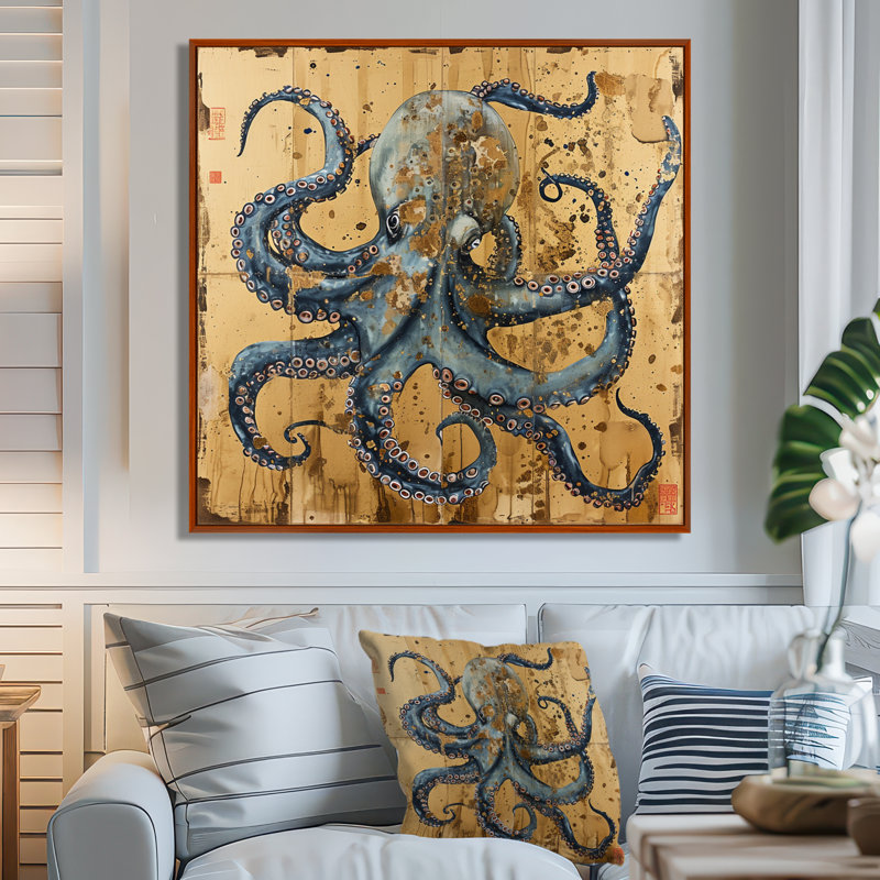 Pieuvre bleue asiatique rétro or - pieuvre / calmar animal, art mural, H 36 po x l 36 po, Toile brune avec cadre flottant