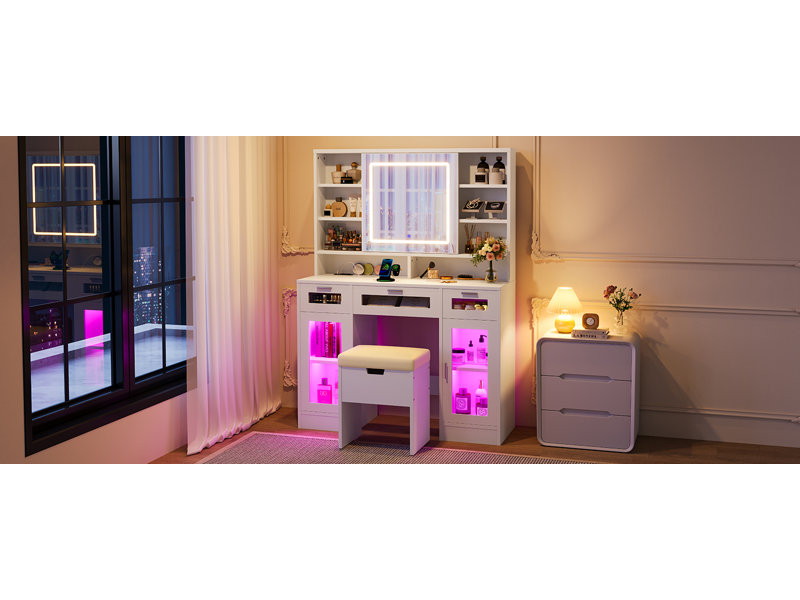 Meuble-lavabo de 41,3 po avec miroir coulissant et lumières DEL, coiffeuse avec tabouret de rangement, 3 tiroirs et 2 armoires RVB, bureau de coiffeuse avec tablettes ouvertes et station de charge, blanc