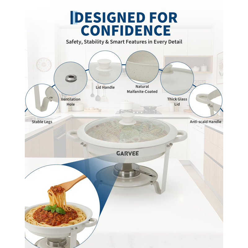 2-Piece Maifanite-Coated Round Chafing Dish Buffet Set – 5L Nonstick Stainless Steel Food Warmers with Glass Lids, Easy-Clean, Stackable
