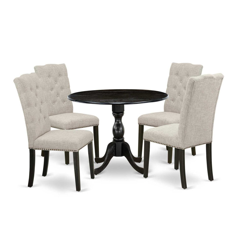 Solid Wood Top Dining table with Chairs with Drop Leaf Lattice Back, 5, Beige, Wire Brushed Black