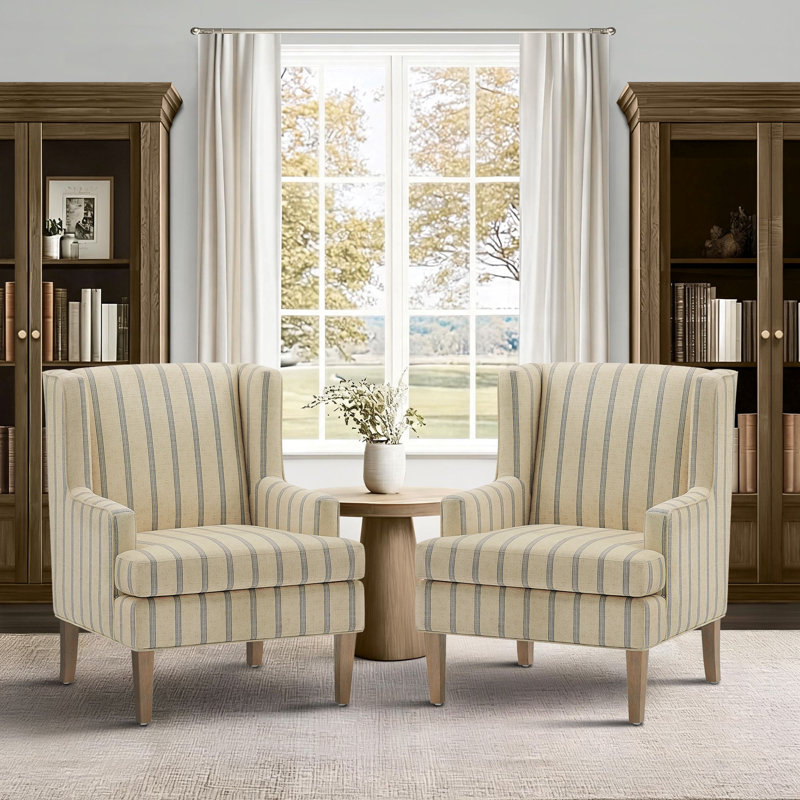 Fauteuil à oreilles rembourré en tissu 29 po avec pieds en bois massif Decker, Natural